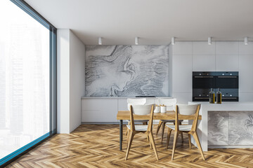 White marble kitchen interior with bar