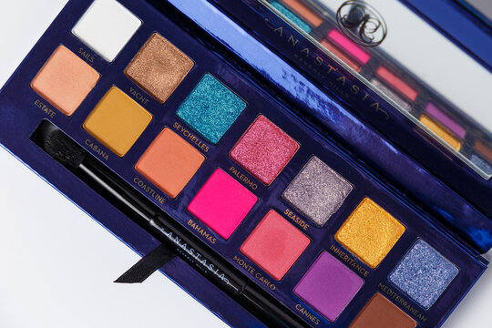 Tolyatti / Russia - 04.12.2020: Mua and girly concept. Eyeshadow palette on white background, eyeshadows cosmetics product. Makeup palette close up. Anastasia beverly hills