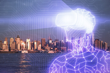 Double exposure of AR people drawing and cityscape background. Concept of augmented reality.