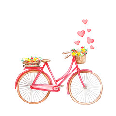 Fototapeta na wymiar Watercolor romantic red retro bike with heart