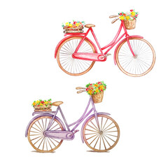 Two retro bicycles, red and purple
