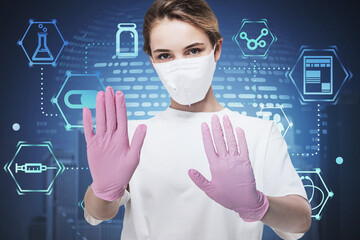 Woman in protective mask and gloves, medical interface