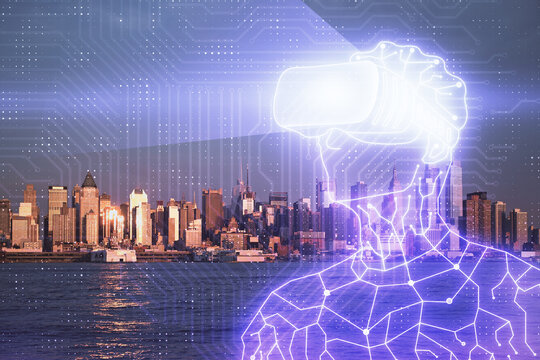 Double exposure of AR people drawing and cityscape background. Concept of augmented reality.