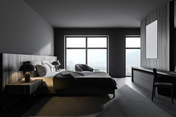 Naklejka na ściany i meble Gray and wooden bedroom, side view