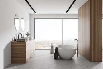Naklejka na ściany i meble Modern white and wooden bathroom with double sink and tub