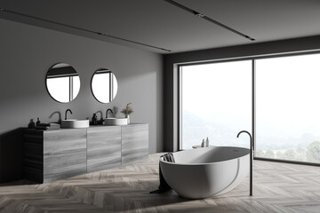 Fototapeta na wymiar Stylish gray and wooden bathroom corner with double sink and tub