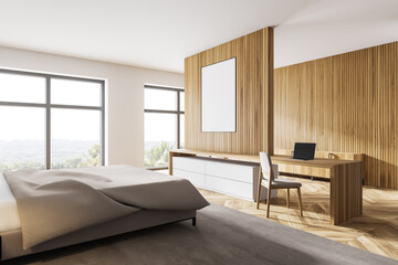 Naklejka na ściany i meble White and wooden bedroom interior