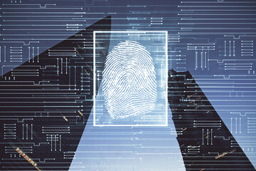 Double exposure of finger print hologram and cityscape background. Concept of personal security.