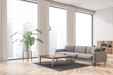 White and wooden living room corner with sofa