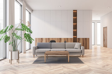 White and wooden living room with sofa