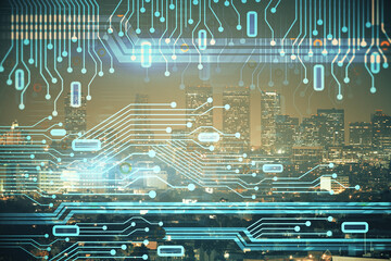 Data theme hologram drawing on city view with skyscrapers background multi exposure. Ai concept.