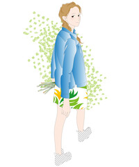 振り返る女性、ひとり歩きの散歩姿のイラスト、グリーン背景、影なし