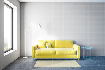 White living room with yellow sofa
