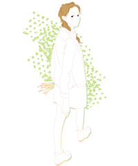 振り返る女性、ひとり歩きの散歩姿のイラスト、白い
