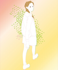 振り返る女性、ひとり歩きの散歩姿のイラスト