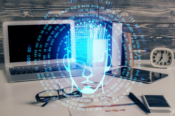 Double exposure of desktop computer and human brain drawing hologram. Ai concept.