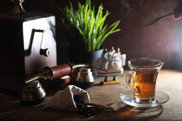 Brewing tea on a wooden table