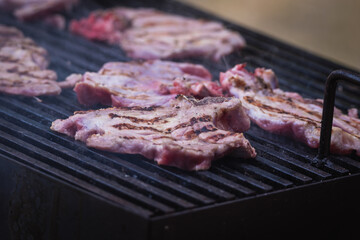 Roasting meat with beer in nature, barbecue concept