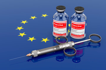 Vaccination in the European Union concept. Vaccine bottles with syringe on the European Union flag, 3D rendering