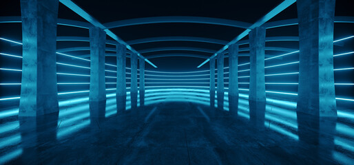 Large Hangar Garage Spotlights Blue Laser Lights Glowing Empty Warehouse Tunnel Corridor Concrete Floor With Columns background Modern 3D Rendering