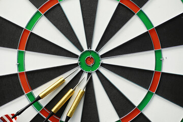 Darts. The dart for playing in the game board is stuck. Hit the sector in darts. The concept of a successful strategy.