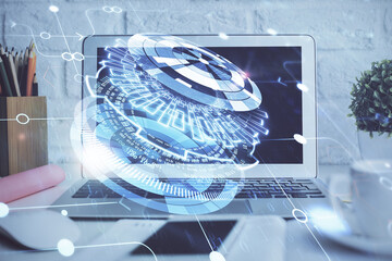 Double exposure of desktop with personal computer on background and tech theme drawing. Concept of Bigdata.