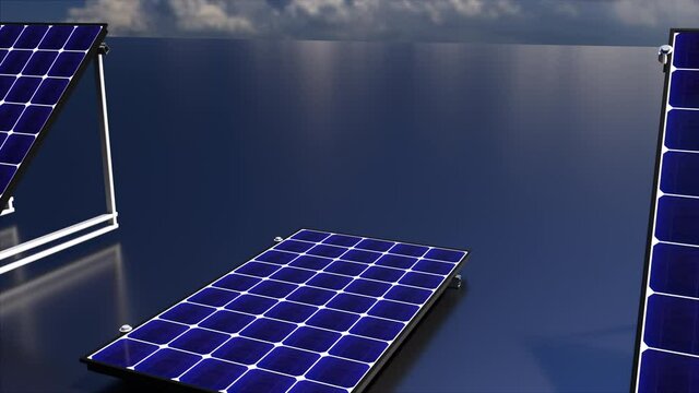 Row of solar batteries on a matte surface against the sky, 3d rendering. Alternative energy generators.Computer generated ecological background.