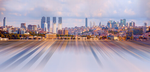 Perspective background - Coastal cityscape and modern buildings with Dolmabahce Palace under cloudy sky istanbul city