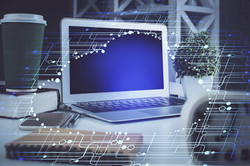 Multi exposure of desktop with personal computer and tech theme drawing. Concept of Bigdata.