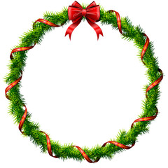 Thin christmas wreath with red bow and ribbon. Round frame of pine branches isolated on white background. Vector illustration for christmas, new year's day, decoration, winter holiday, design, etc © kulyk