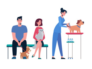 Vaccination of pets. Illustration with a veterinarian who vaccinates a dog. Pet owners are waiting in line. Vector in flat style isolated on white background.