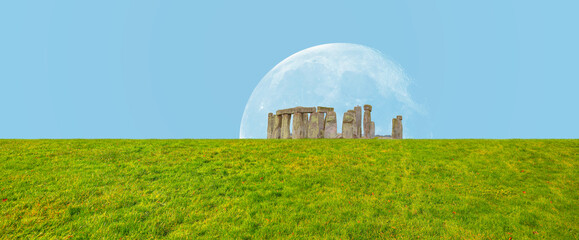 Panoramic view of Stonehenge at cloudy sky with full moon - United Kingdom "Elements of this image furnished by NASA"