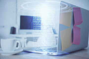 Naklejka premium Multi exposure of desktop computer and technology theme hologram. Concept of software development.