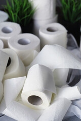 Toilet paper in a roll. Snow-white soft three-layer toilet paper. Lack of hygiene products. Primary protection and disinfection.
