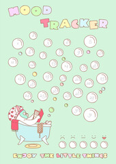 Mood Tracker. Printable mood tracker decorated with a cute cat reading book in a bath. Vector 10 ESP.