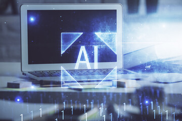 Multi exposure of desktop computer and technology theme hologram. Concept of software development.