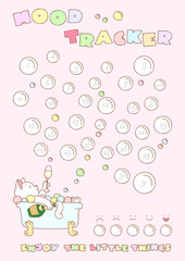Mood Tracker. Printable mood tracker decorated with a funny cat drinking champagne in a bath. Vector 10 ESP.