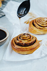 Freshly Baked Traditional Sweet Cinnamon Rolls on a Cooling Rack