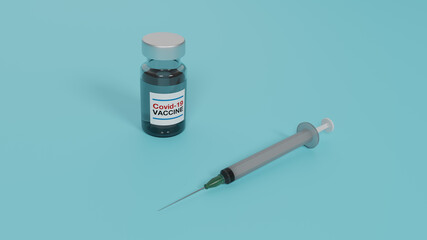 3d render illustration of COVID 19 vaccine bottles with syringe injection 