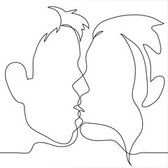 kiss of a man and a woman. profile portrait of young man and woman. one continuous line drawing concept of kiss and heterosexual love
