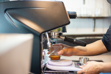 coffee machine,Coffee machine in steam, barista preparing coffee at cafe..