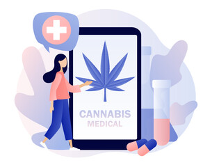 Cannabis medical online sale. CBD cultivation business, distribution of hemp products, marijuana sales market.  Screen template for mobile smart phone. Modern flat cartoon style. Vector illustration