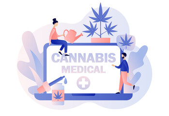 Cannabis medical online sale. CBD cultivation business, distribution of hemp products, marijuana sales market.  Screen template for mobile smart phone. Modern flat cartoon style. Vector illustration