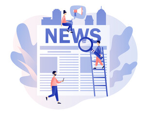 News. Tiny people read breaking news on newspaper. Modern flat cartoon style. Vector illustration on white background
