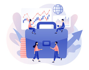 Trading online. Tiny people buy, sell and make up the portfolio cryptocurrency, stocks and bonds for forex. Business, finance and trade. Modern flat cartoon style. Vector illustration 