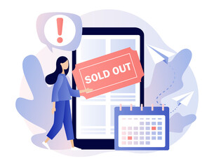 Sold-out event, sold-out crowd, no tickets available concept. Tiny girl use online booking system in smartphone app. Modern flat cartoon style. Vector illustration on white background