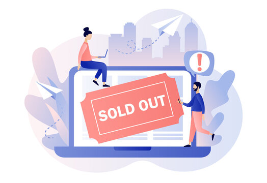 Sold-out event, sold-out crowd, no tickets available concept. Tiny people use online booking system on laptop. Modern flat cartoon style. Vector illustration on white background