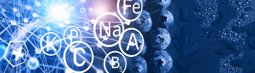 Obraz premium Water drops on ripe sweet blueberry. Fresh blueberries background with copy space for your text. Vegan and vegetarian concept. Macro texture of blueberry berries.