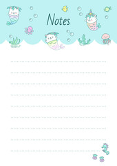 Kawaii notebook page template. Memo page decorated with little mermaid kittens and sea creatures. Vector 10 ESP.