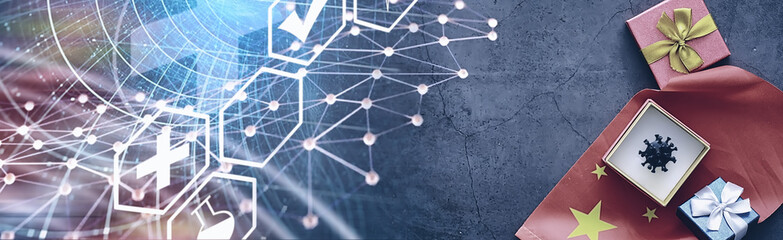 The concept of the world coronavirus pandemic. The geographical location of the virus. China flag and virus model and gift box.